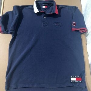 Y2K Tommy Hilfiger Athletics Dark Blue Polo with Red Accents Large